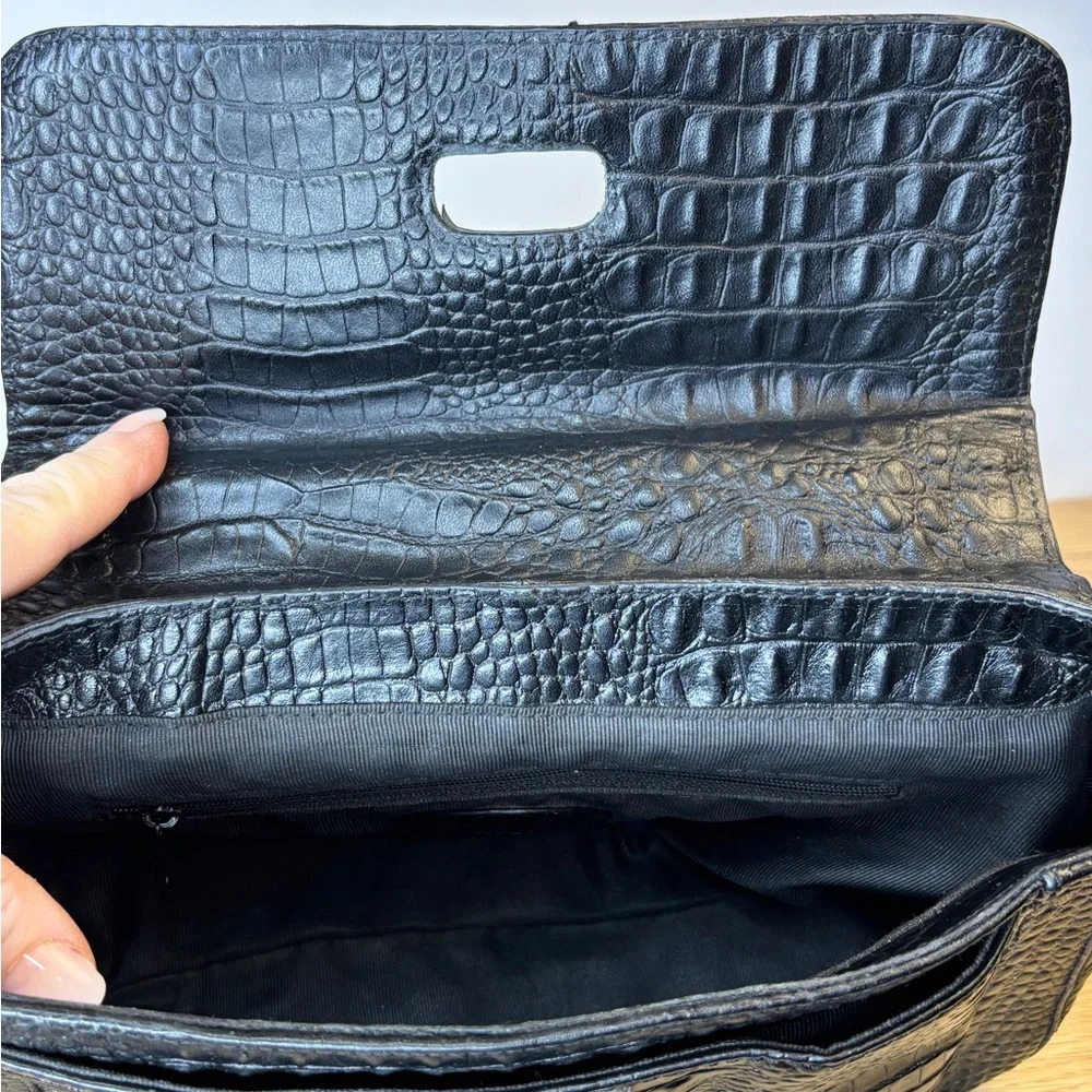 Etienne Aigner Black Croc Embossed Leather Satchel Top Handle Crossbody LIKE NEW